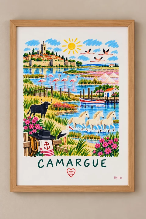 Illustration verticale de la Camargue avec flamants roses, chevaux clairs, grand oiseau blanc, bovin sombre, soleil stylisé et détails maritimes.