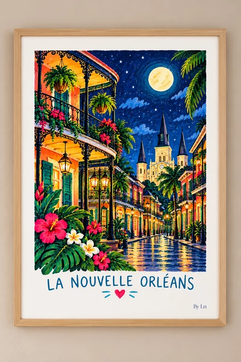 Affiche verticale d’une rue nocturne colorée à La Nouvelle-Orléans, avec balcons, lanternes, palmiers, fleurs tropicales, lune visible et édifice au fond.