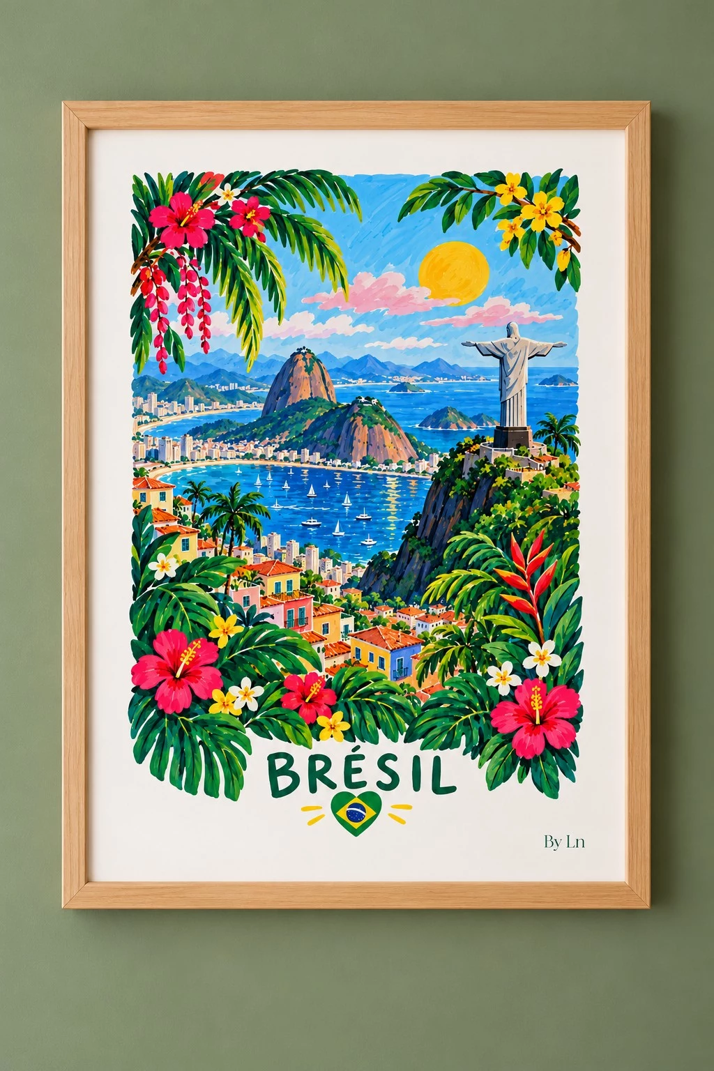 Affiche verticale illustrant un paysage côtier du Brésil avec baie, collines, végétation tropicale, bateaux, ville et grande statue bras ouverts.