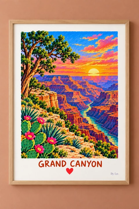 Affiche verticale illustrée d’un canyon coloré, avec un cours d’eau sinueux, un grand arbre à gauche, des falaises profondes et le texte Grand Canyon en bas.