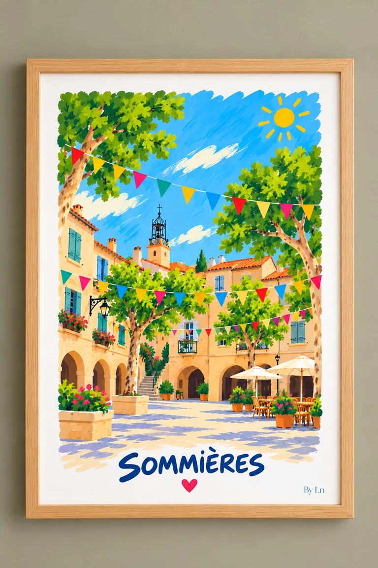Affiche verticale illustrée de Sommières montrant une place stylisée avec façades claires, arcades, fanions, terrasse de café et ciel bleu. Nom en bas avec un cœur rouge.