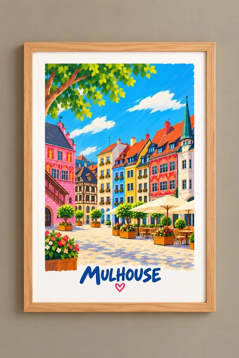 Illustration stylisée de Mulhouse avec façades à colombages, toits rouges, fenêtres fleuries, place pavée, parasols clairs et ciel bleu, avec le mot Mulhouse en bas.