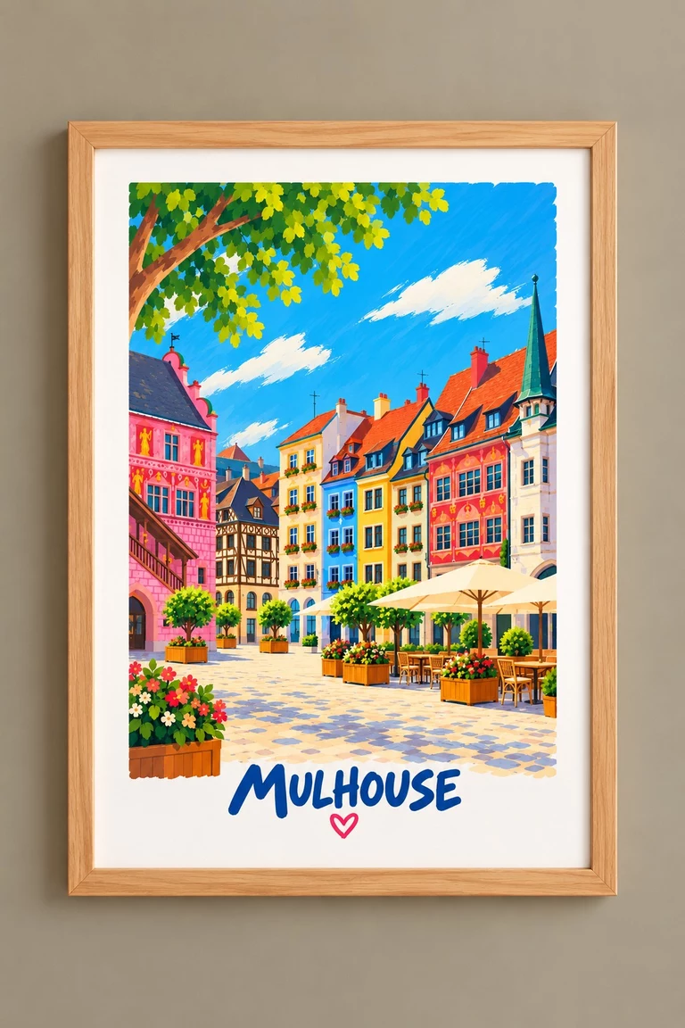 Illustration stylisée de Mulhouse avec façades à colombages, toits rouges, fenêtres fleuries, place pavée, parasols clairs et ciel bleu, avec le mot Mulhouse en bas.