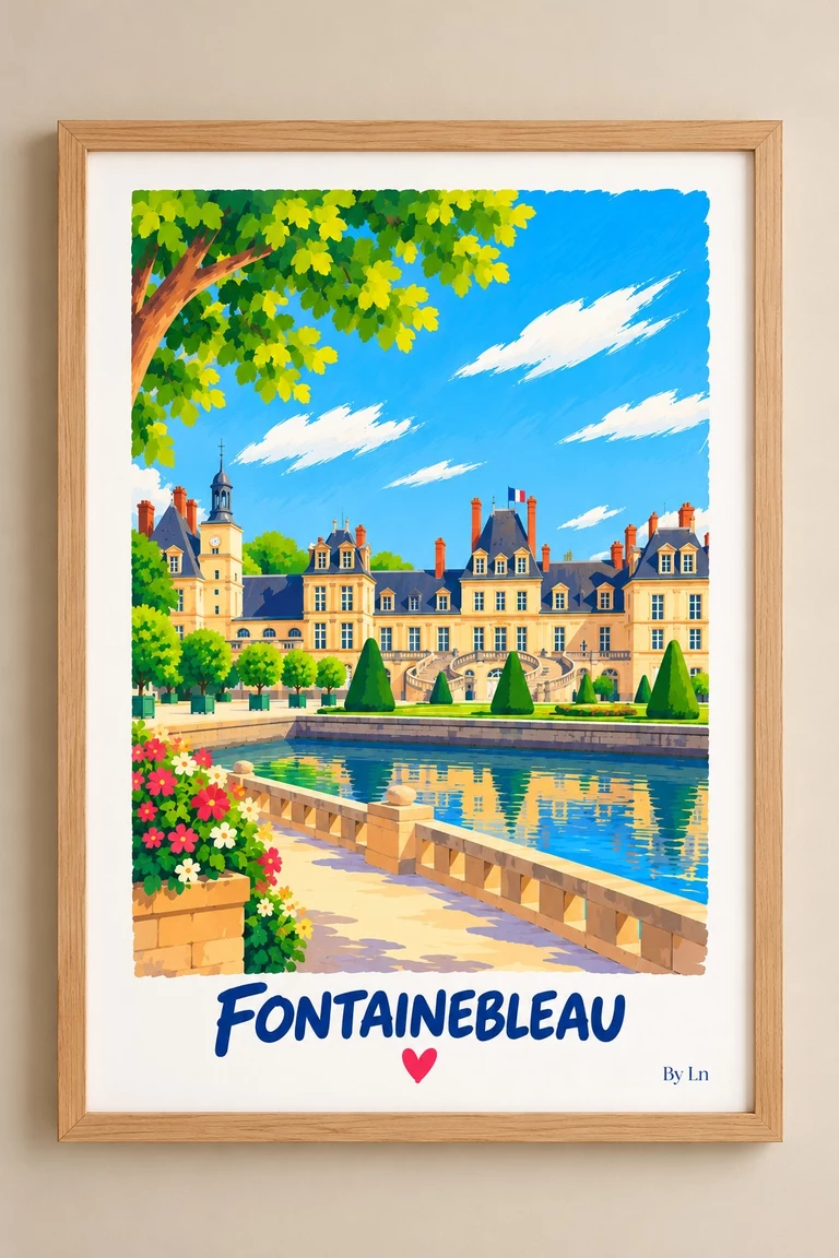 Affiche illustrée verticale montrant un grand bâtiment clair, un bassin au premier plan, des fleurs, des arbres et un ciel bleu avec nuages blancs.