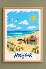 Affiche verticale montrant une plage avec mer, ciel bleu, soleil, deux oiseaux, cabane de plage, parasols et planches de surf, avec le mot Hossegor en bas.