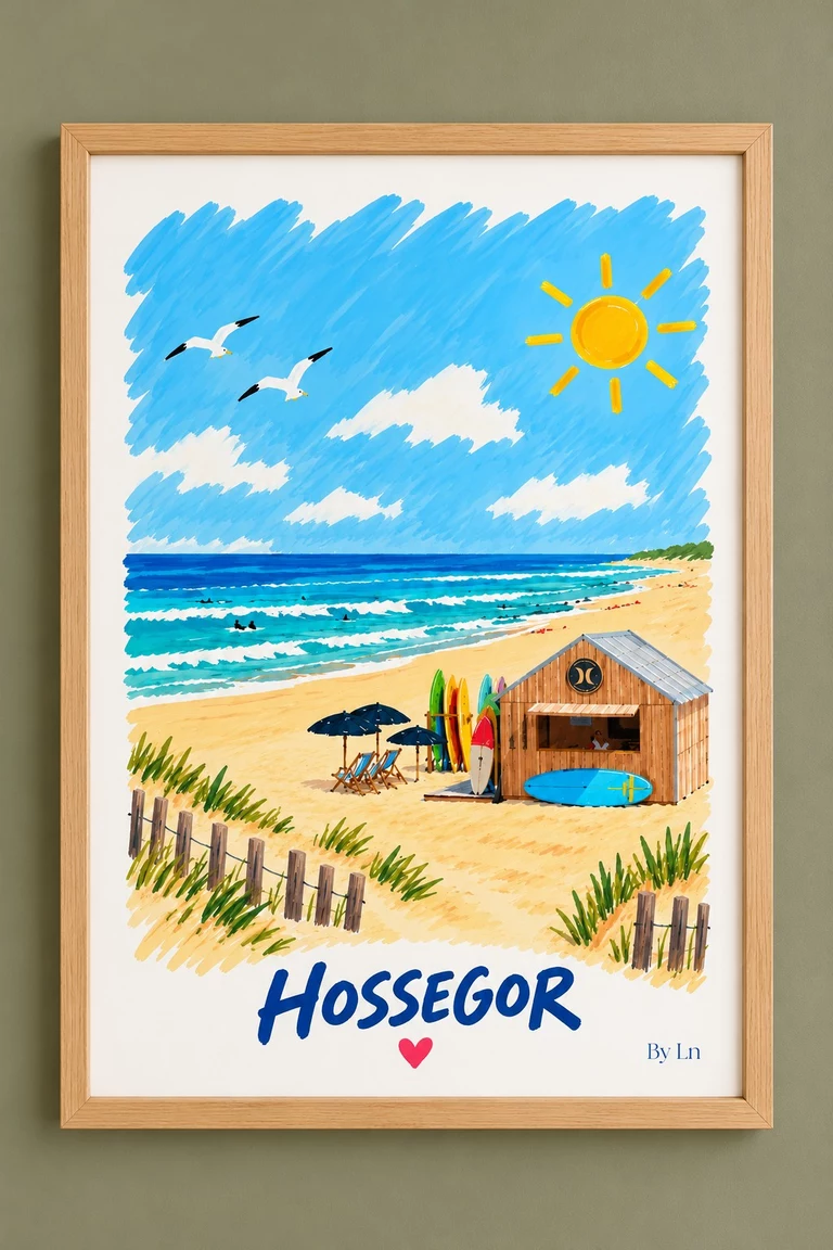 Affiche verticale montrant une plage avec mer, ciel bleu, soleil, deux oiseaux, cabane de plage, parasols et planches de surf, avec le mot Hossegor en bas.
