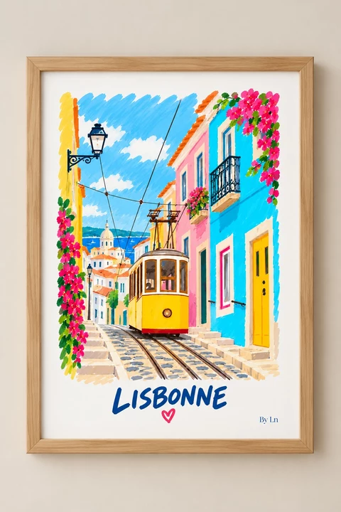 Affiche verticale illustrant une rue de Lisbonne en perspective, avec un tram jaune, des façades colorées, des fleurs fuchsia et un ciel bleu.