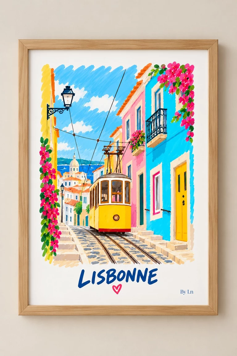Affiche verticale illustrant une rue de Lisbonne en perspective, avec un tram jaune, des façades colorées, des fleurs fuchsia et un ciel bleu.