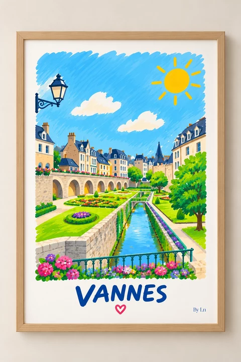 Illustration colorée de Vannes avec canal central, jardins fleuris, rangée de bâtiments à toits sombres, ciel bleu, lampadaire et titre en bas.