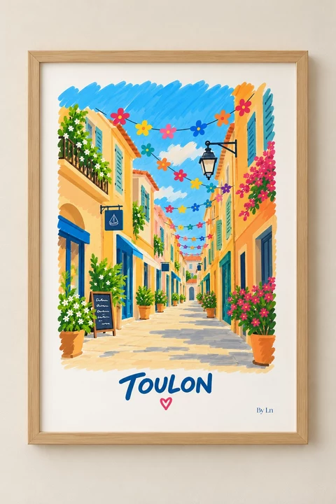 Affiche verticale représentant une rue étroite en perspective, avec façades colorées, volets bleus et verts, pots de fleurs et guirlandes florales.