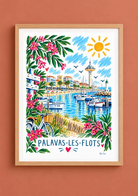 Affiche verticale de Palavas-les-Flots avec port stylisé, bateaux, tour, phare, fleurs, vélo et soleil dans une palette vive.