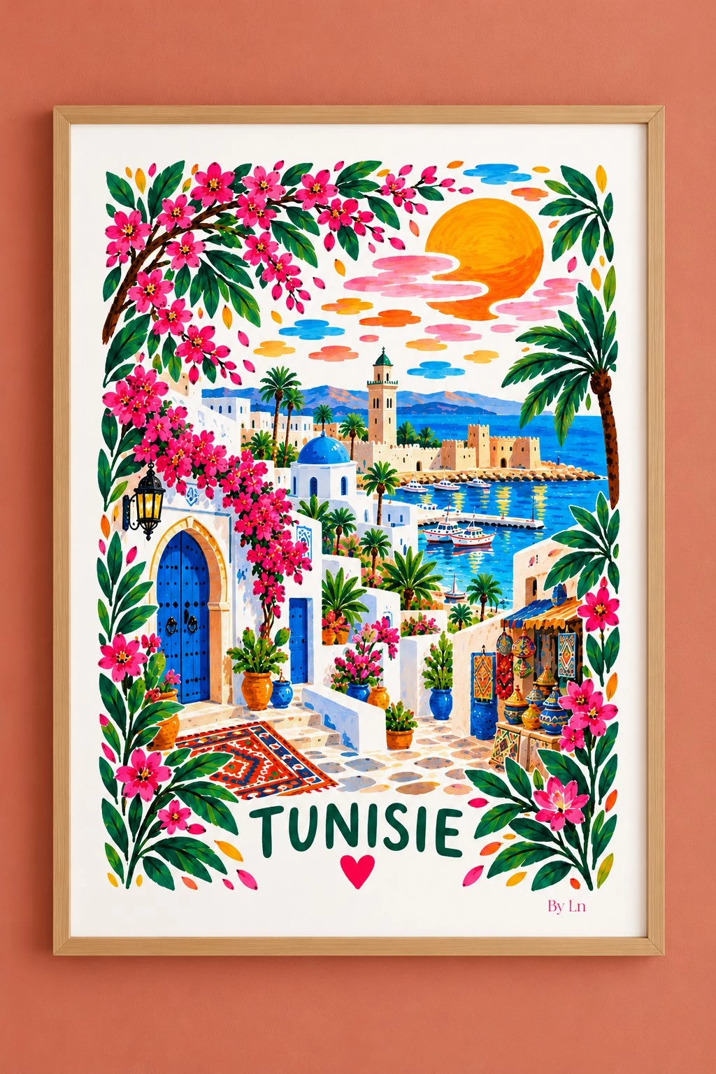 Affiche verticale illustrée d’un paysage côtier tunisien stylisé, avec maisons blanches, portes bleues, soleil orange et bordure florale rose et verte.