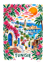 Affiche Tunisie fleurie entre mer et médina