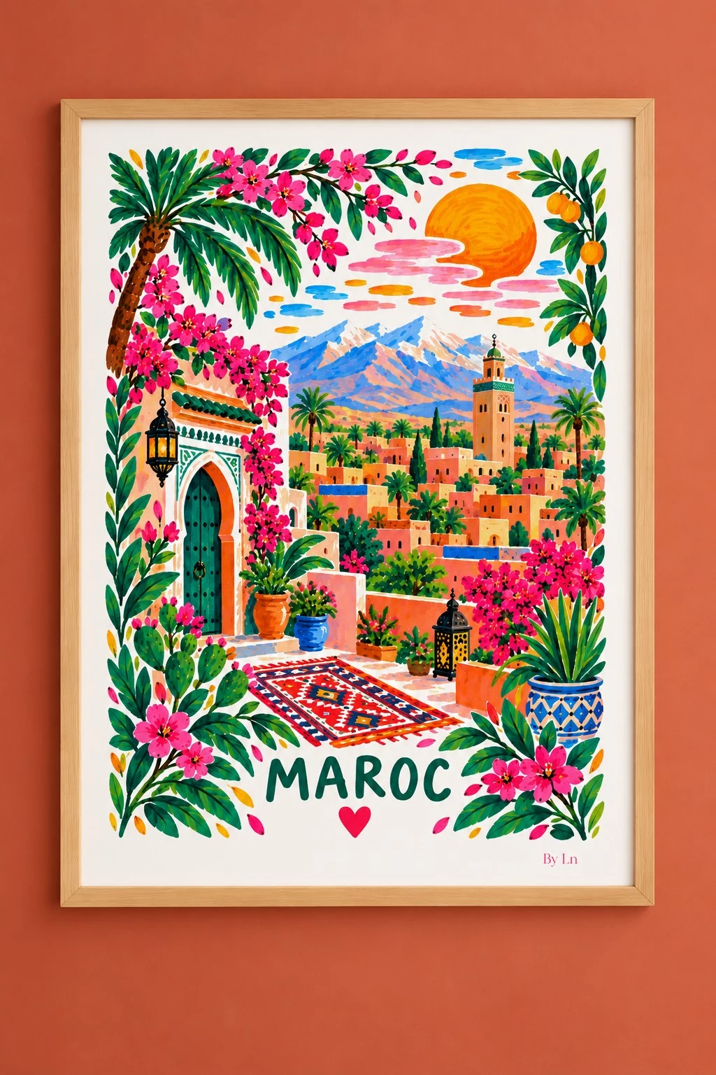 Affiche verticale illustrant un paysage marocain stylisé avec fleurs roses, palmiers, architecture décorative, soleil orange et montagnes bleutées.