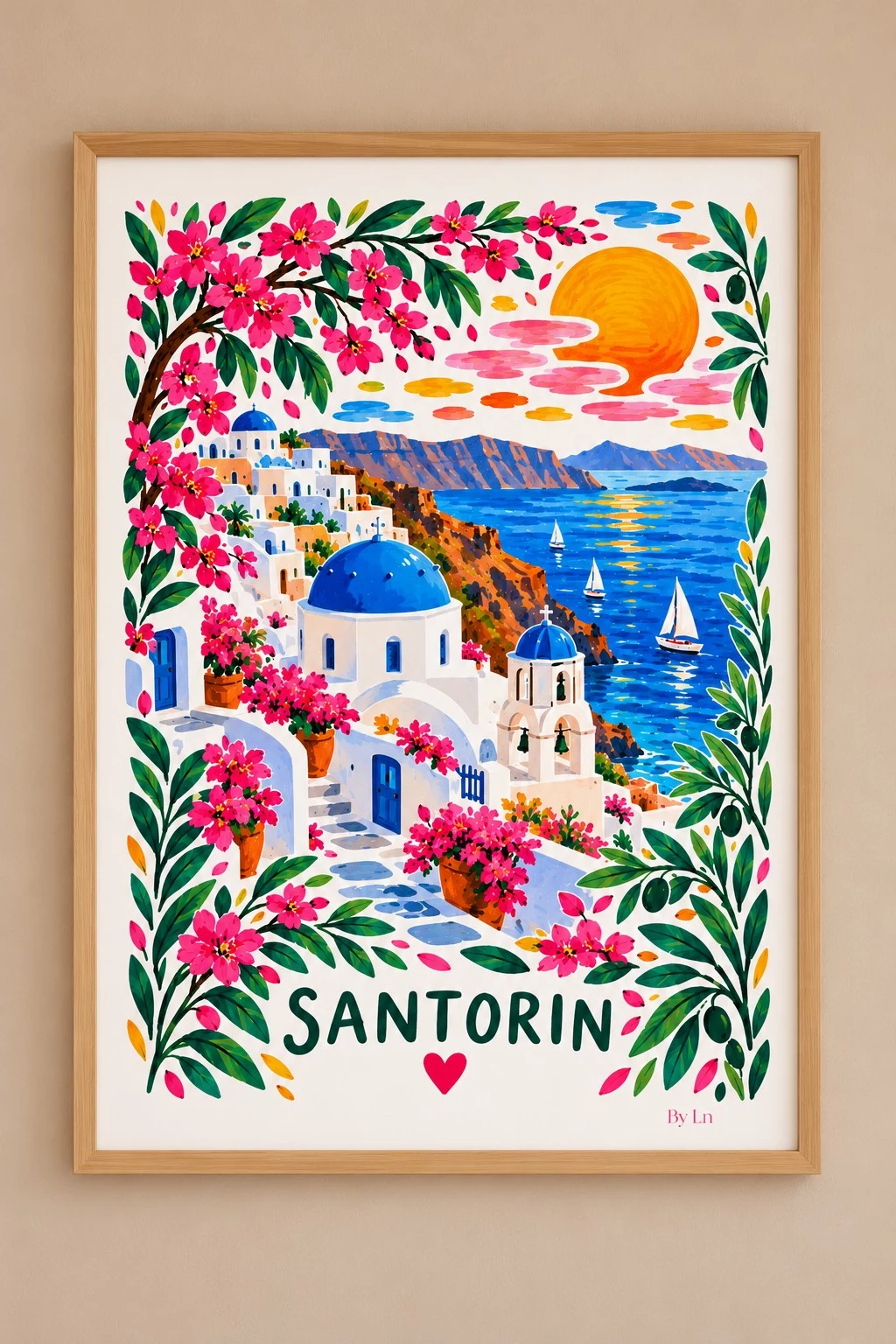 Affiche verticale illustrée avec village blanc aux dômes bleus, mer bleue, soleil orange, collines, guirlande florale rose et verte, et le mot Santorin en bas.