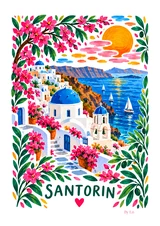 Affiche Santorin fleurie au soleil couchant