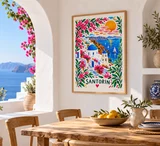 Affiche Santorin fleurie au soleil couchant