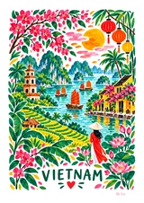 Affiche Vietnam fleuri entre baie et rizières