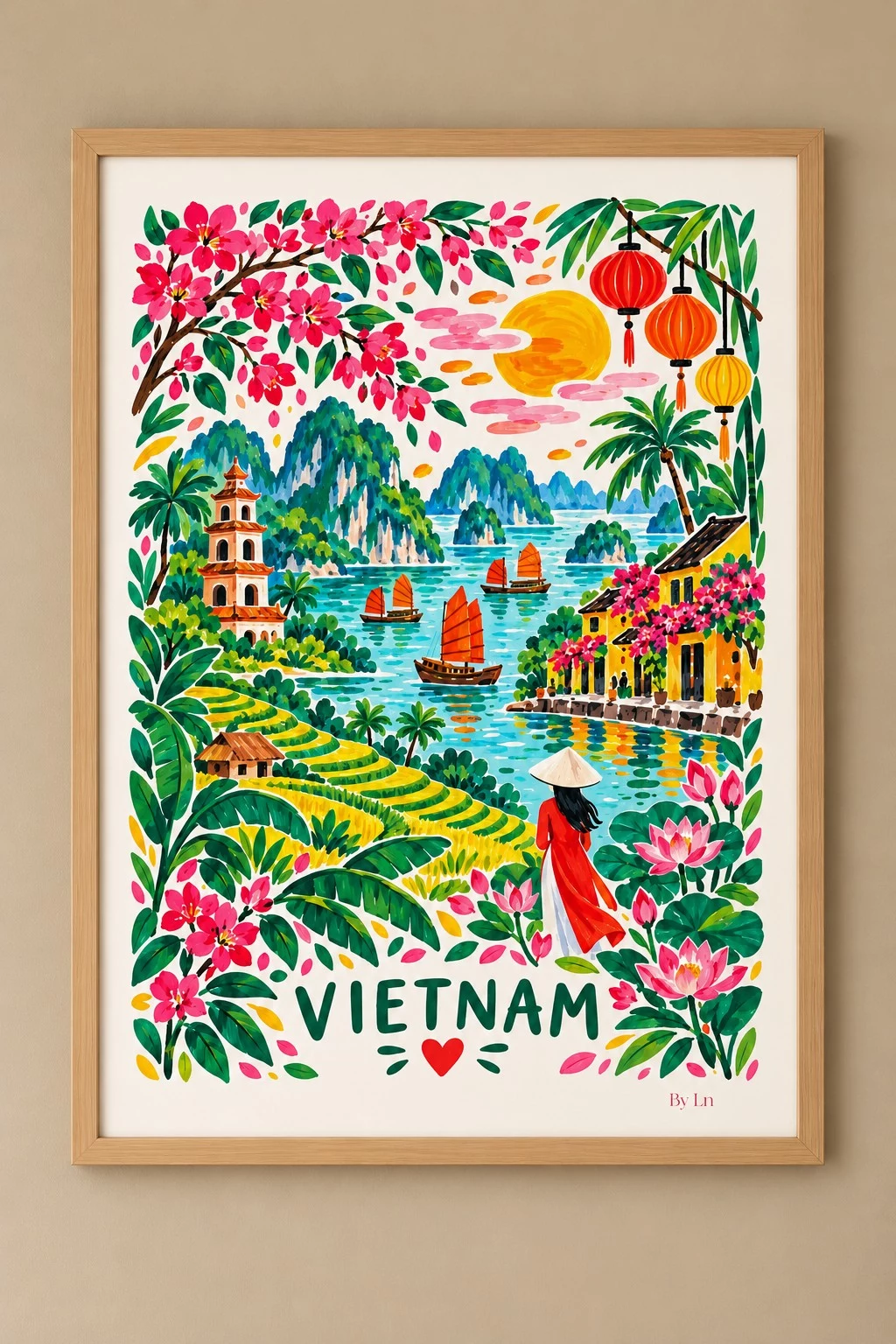 Affiche verticale illustrant un paysage stylisé du Vietnam avec feuillages, fleurs, lanternes, eau, embarcations, pagode, rizières et une silhouette au chapeau conique.