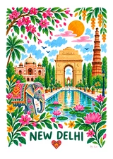 Affiche New Delhi fleurie et monuments de l’Inde