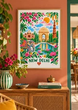 Affiche New Delhi fleurie et monuments de l’Inde