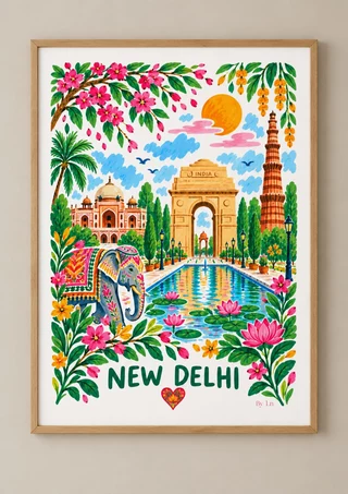 Affiche New Delhi avec India Gate, éléphant décoré et lotus roses, présentée dans un cadre en bois clair.