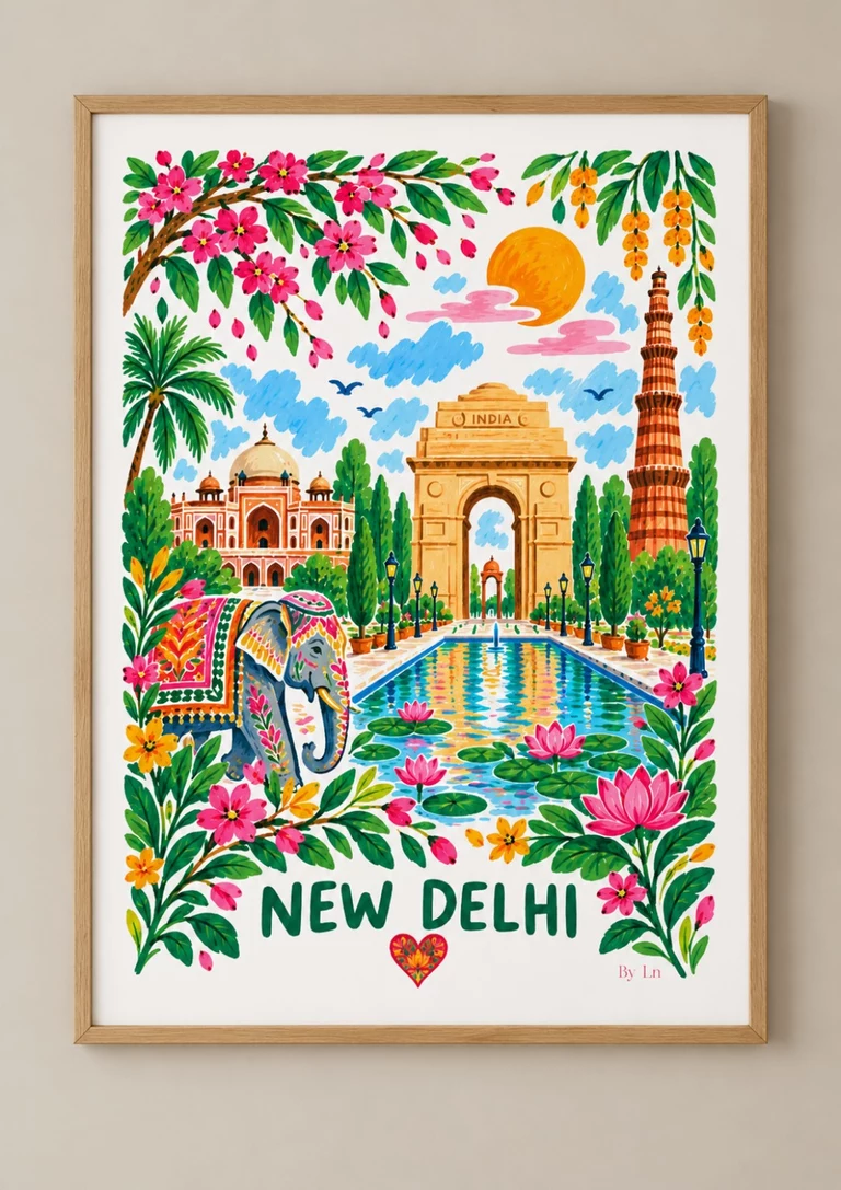 Affiche New Delhi avec India Gate, éléphant décoré et lotus roses, présentée dans un cadre en bois clair.