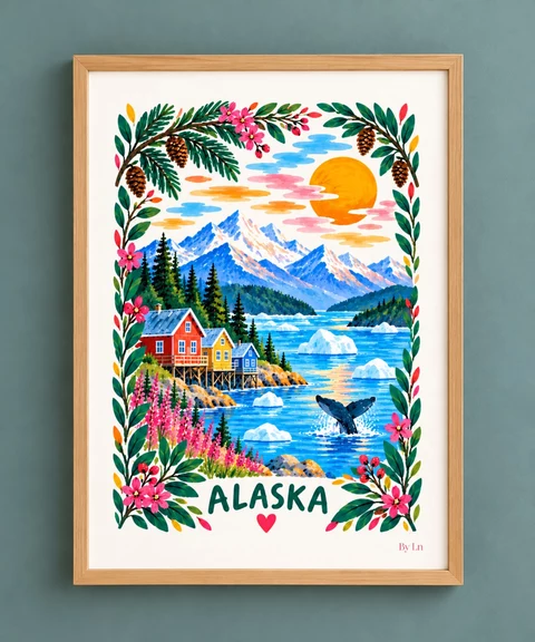 Illustration Alaska avec montagnes enneigées, maisons colorées, baleine, glace et bordure fleurie.