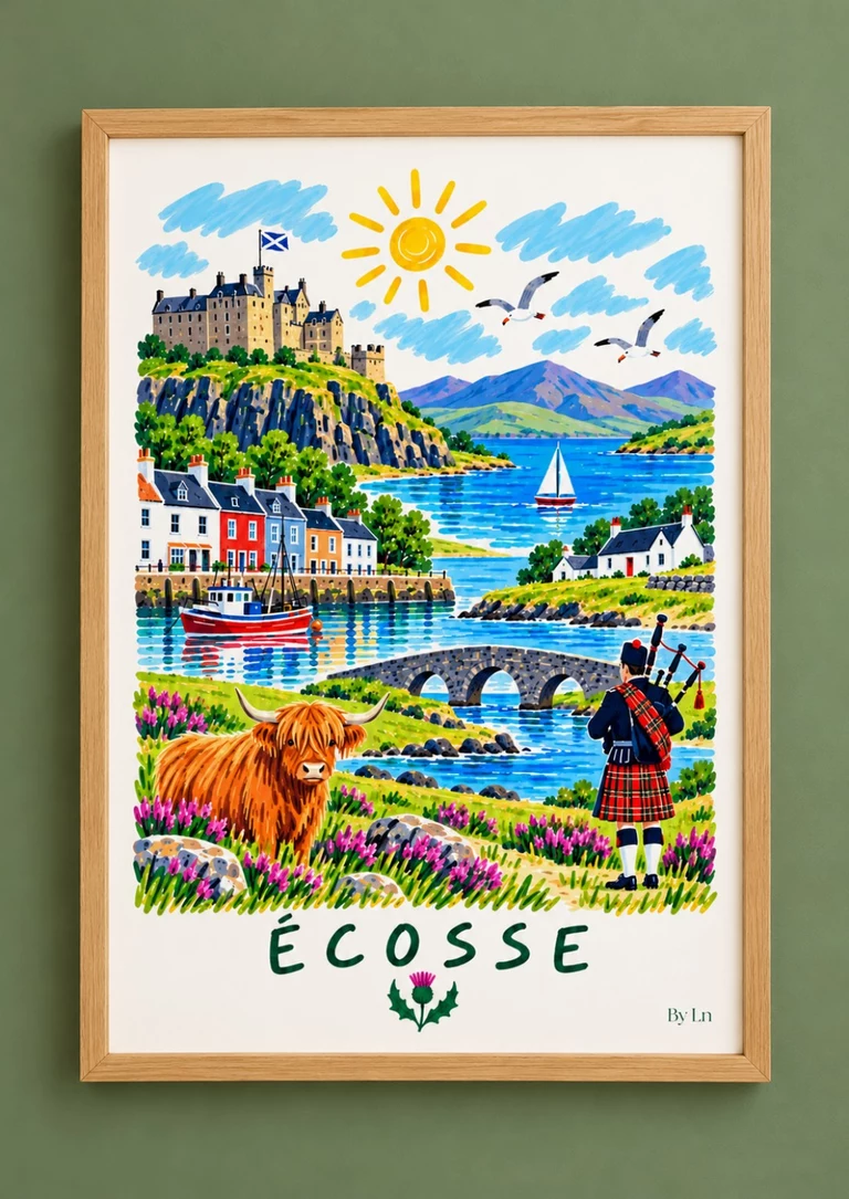 Illustration Écosse avec château, loch, port coloré, vache Highland et joueur de cornemuse.