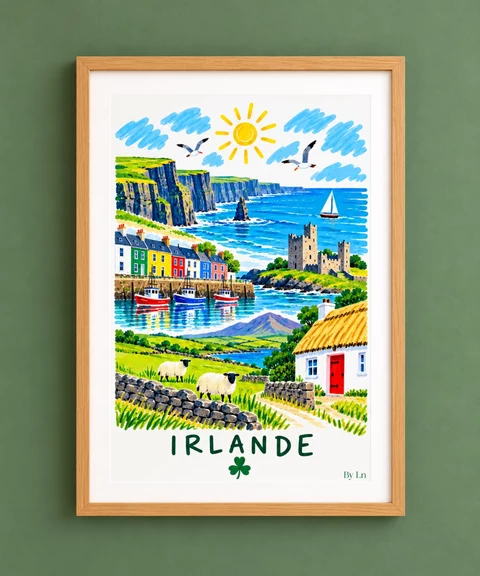 Illustration Irlande avec falaises, château, bateaux de pêche, moutons et chaumière à porte rouge.