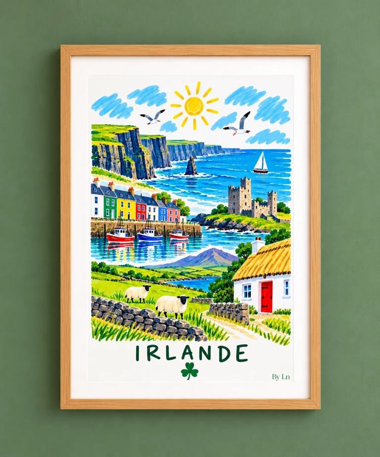 Illustration Irlande avec falaises, château, bateaux de pêche, moutons et chaumière à porte rouge.