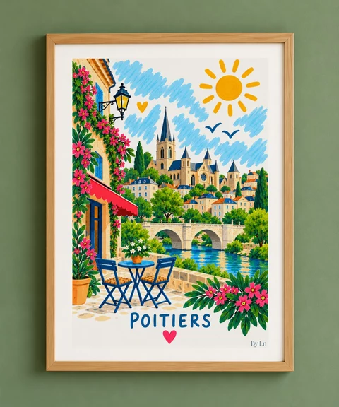 Illustration Poitiers avec terrasse de café fleurie, chaises bleues, pont et silhouette religieuse.