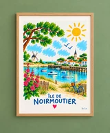 Illustration de l’île de Noirmoutier avec port, moulin, maisons blanches, vélo bleu et fleurs roses.