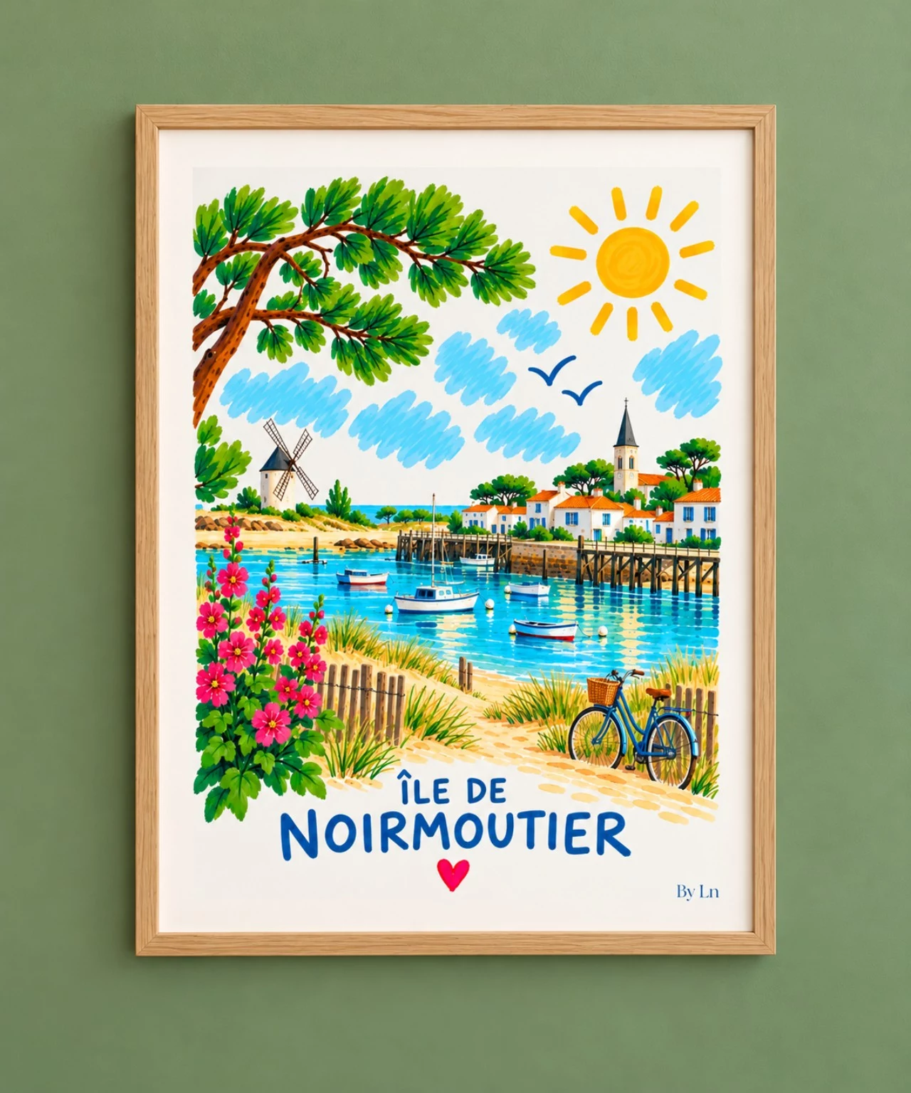 Illustration de l’île de Noirmoutier avec port, moulin, maisons blanches, vélo bleu et fleurs roses.