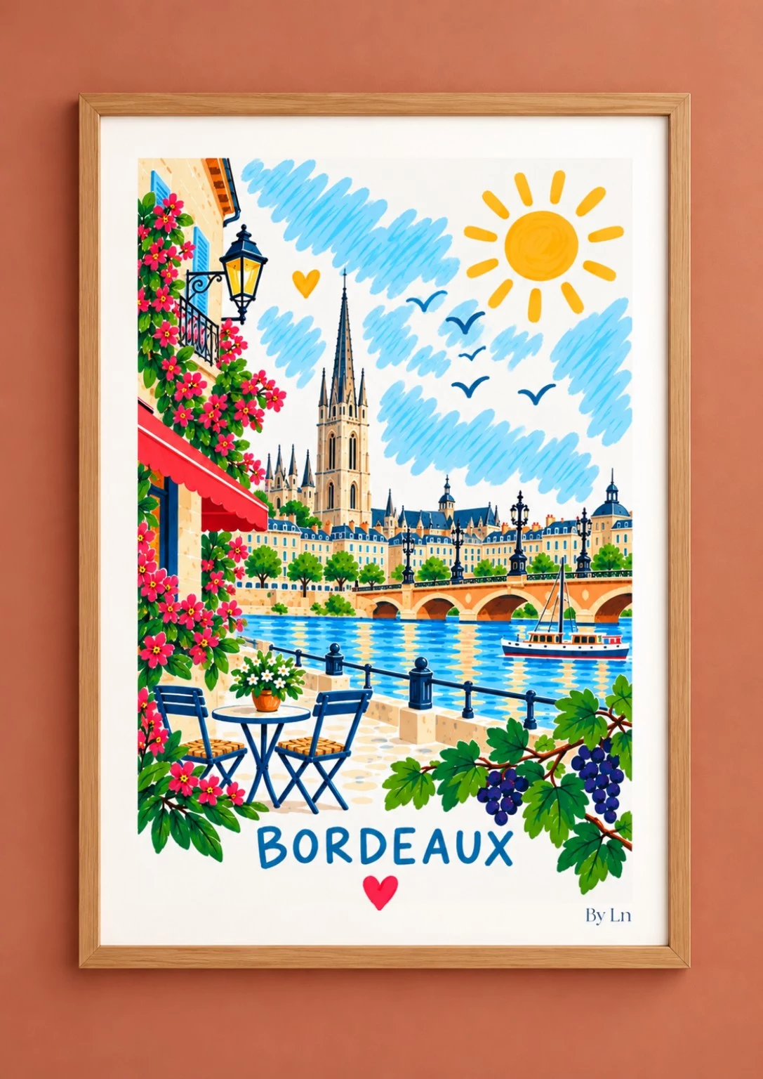 Illustration Bordeaux avec quais, pont de pierre, bateau, terrasse fleurie et grappes de raisin.
