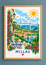Illustration Millau avec viaduc à haubans, vallée verdoyante, ville, rivière et terrasse fleurie.