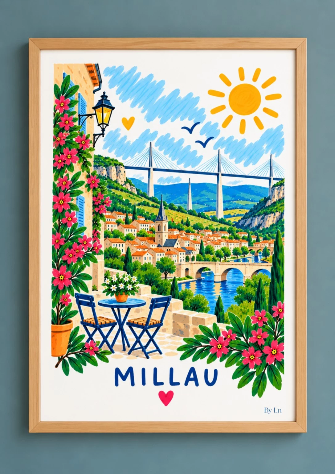 Illustration Millau avec viaduc à haubans, vallée verdoyante, ville, rivière et terrasse fleurie.