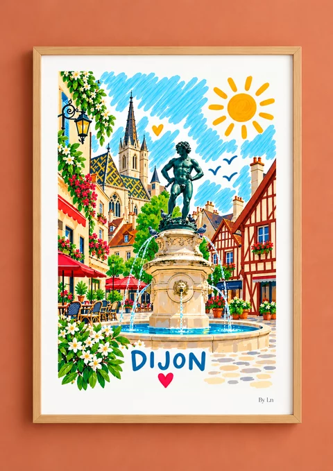 Affiche Dijon – Toits de Bourgogne et place fleurie