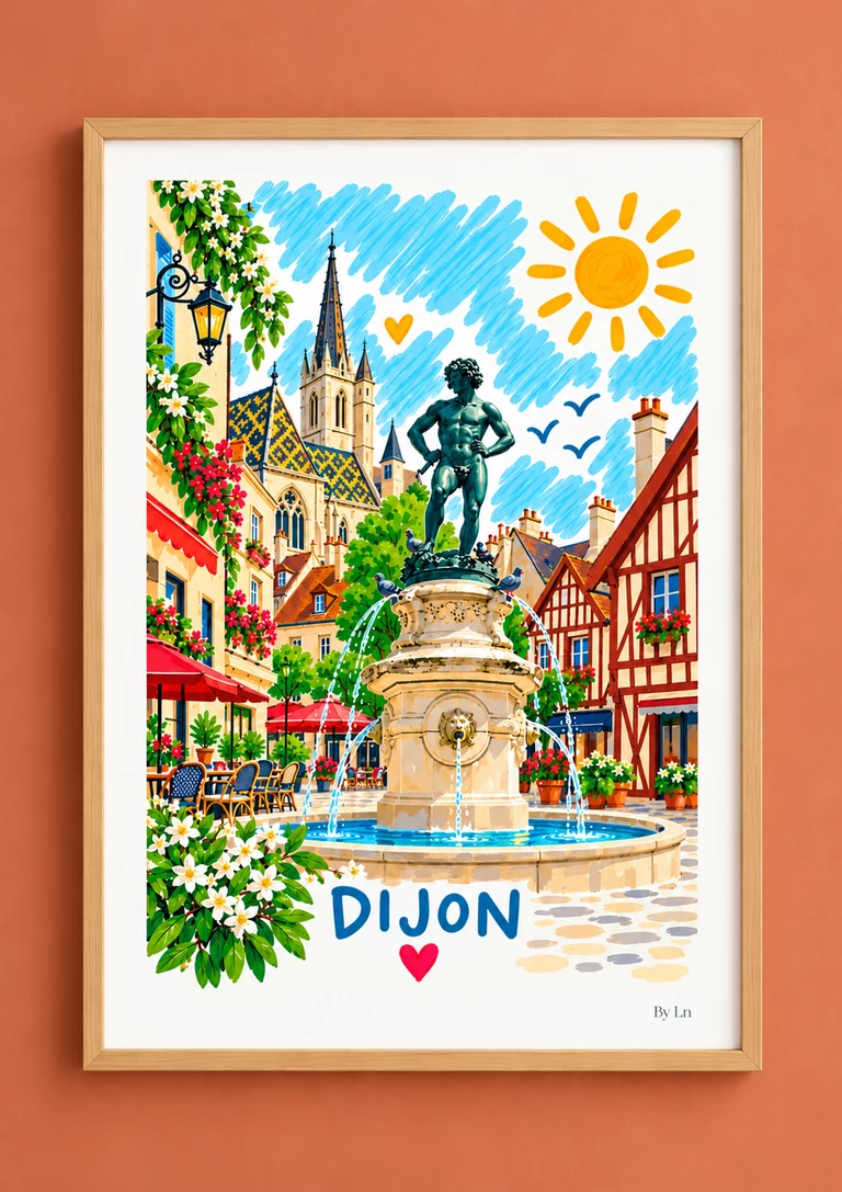 Affiche Dijon – Toits de Bourgogne et place fleurie
