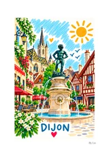 Affiche Dijon – Toits de Bourgogne et place fleurie