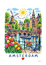 Affiche Amsterdam – Canaux et tulipes en couleurs