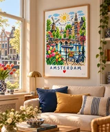 Affiche Amsterdam – Canaux et tulipes en couleurs