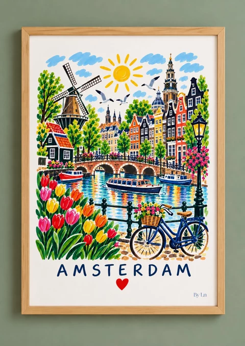 Illustration Amsterdam avec canal, pont, maisons à pignons, moulin, tulipes et vélo bleu fleuri.