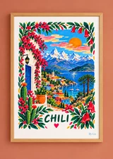 Illustration Chili avec sommets enneigés, village coloré, voiliers, cactus et bordure de fleurs.