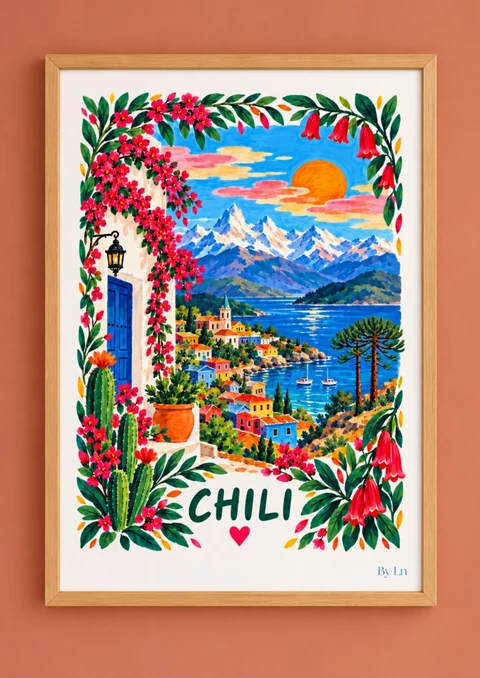Illustration Chili avec sommets enneigés, village coloré, voiliers, cactus et bordure de fleurs.