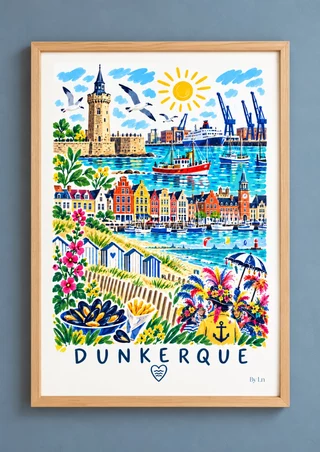 Illustration Dunkerque avec tour de pierre, port, grues, bateaux, cabines de plage, moules-frites et carnaval.