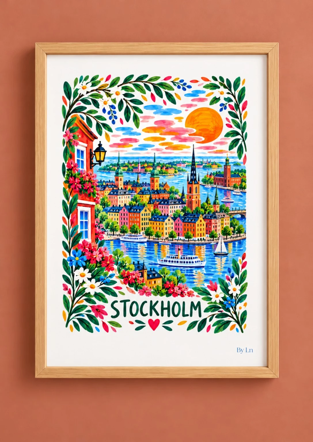 Illustration Stockholm avec façades colorées, clochers, bateaux blancs, eaux bleues et bordure fleurie.