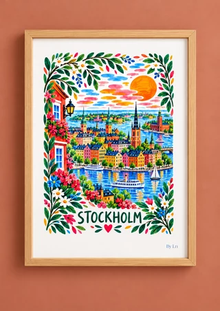 Illustration Stockholm avec façades colorées, clochers, bateaux blancs, eaux bleues et bordure fleurie.