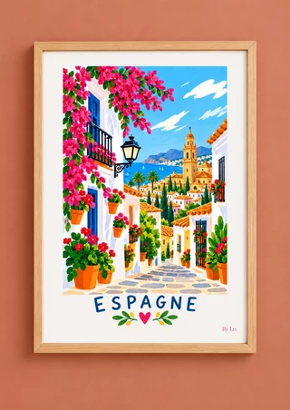 Illustration Espagne avec ruelle pavée, maisons blanches, portes bleues, fleurs roses, clocher et mer.