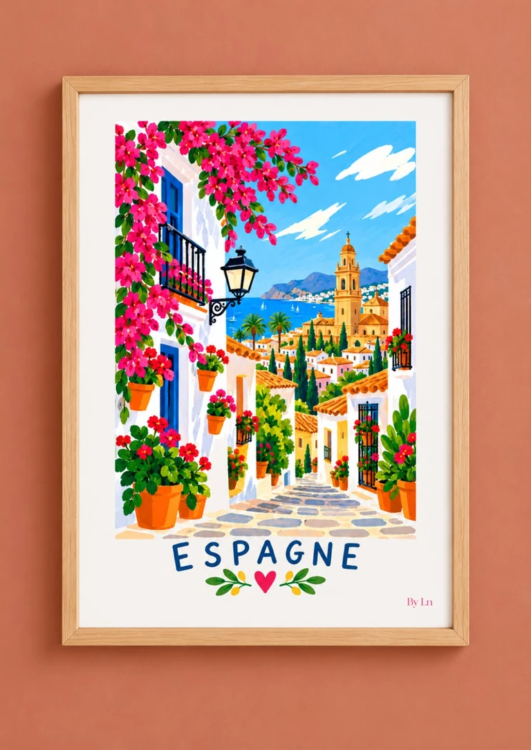 Illustration Espagne avec ruelle pavée, maisons blanches, portes bleues, fleurs roses, clocher et mer.